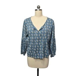Garnet Hill Blouse Womens Large Blue Floral Green Cotton Tencel Peasant Boho Top
